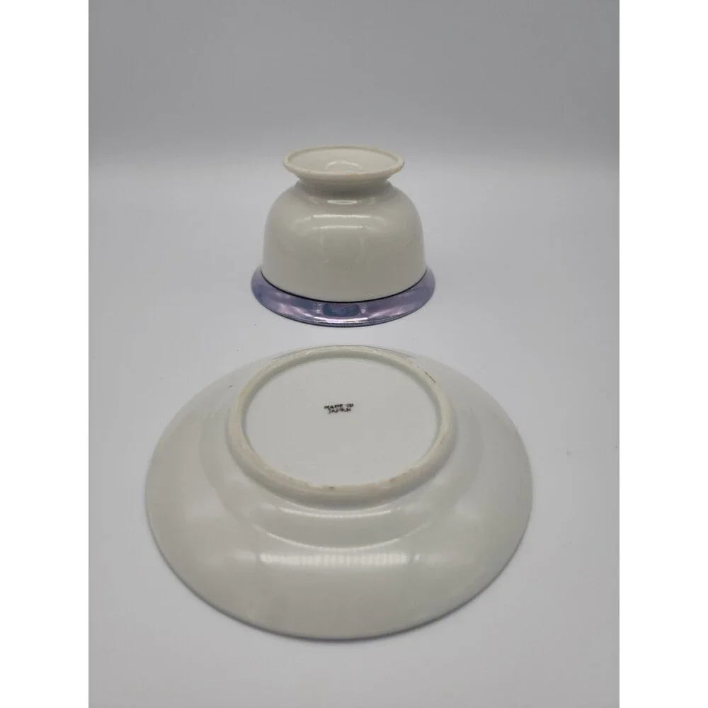 Japan Footed Rice Bowl & Plate Blue Luster Edge Hand Painted Sunset Water House